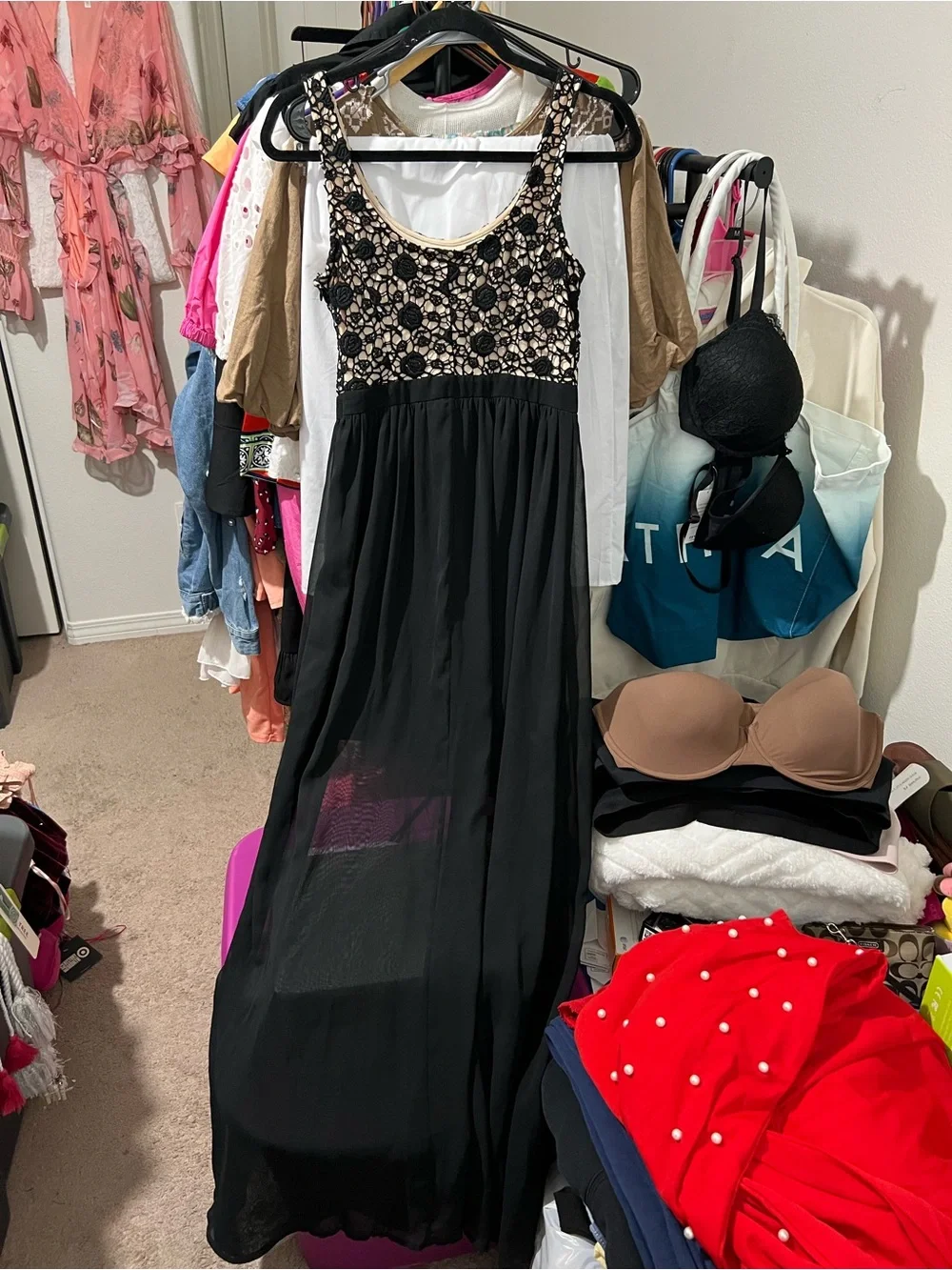 LC Lauren Conrad Black Maxi Dress with Cream  Embroidered Lace Bodice